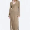 Sheer Long-Sleeved V-Neck Maxi Dress – Beige