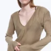 Sheer Long-Sleeved V-Neck Maxi Dress – Beige