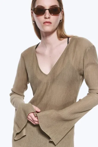 Sheer Long-Sleeved V-Neck Maxi Dress – Beige