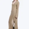Sheer Long-Sleeved V-Neck Maxi Dress – Beige