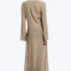Sheer Long-Sleeved V-Neck Maxi Dress – Beige