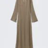 Sheer Long-Sleeved V-Neck Maxi Dress – Beige