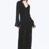 Sheer Long-Sleeved V-Neck Maxi Dress – Black