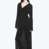 Sheer Long-Sleeved V-Neck Maxi Dress – Black