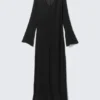 Sheer Long-Sleeved V-Neck Maxi Dress – Black