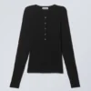 Sheer Rib Long Sleeve Henley Top – Black