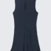 Sheer Sleeveless Boat-Neck Mini Dress – Dark Blue