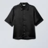 Shiny Short Sleeve Satin Shirt – Black