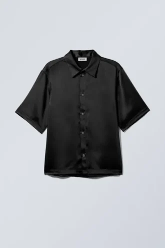 Shiny Short Sleeve Satin Shirt – Black