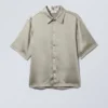 Shiny Short Sleeve Satin Shirt – Light Dusty Green