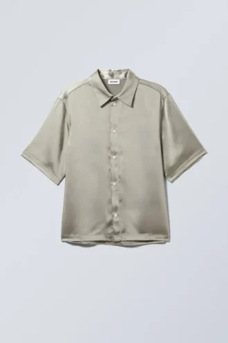 Shiny Short Sleeve Satin Shirt – Light Dusty Green