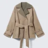 Short Double-Breasted Reversible Trench Coat – Beige & Khaki Green