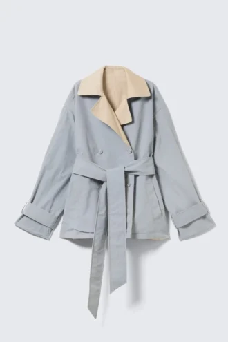 Short Double-Breasted Reversible Trench Coat – Beige & Light Grey