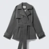 Short Double-Breasted Washed Trench Coat – Dark Grey