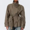 Short Oversized Funnel Neck Trench Coat – Dusty Grey
