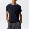 Short-Sleeved Contrast Trim Cotton T-Shirt – Dark Blue – Light Blue Binding