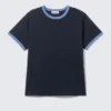 Short-Sleeved Contrast Trim Cotton T-Shirt – Dark Blue – Light Blue Binding