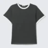 Short-Sleeved Contrast Trim Cotton T-Shirt – Dark Grey & White