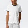 Short-Sleeved Contrast Trim Cotton T-Shirt – White – Black Binding