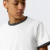 Short-Sleeved Contrast Trim Cotton T-Shirt – White – Black Binding