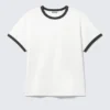 Short-Sleeved Contrast Trim Cotton T-Shirt – White – Black Binding