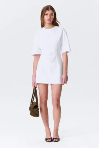 Short-Sleeved Cotton Mini Dress – White