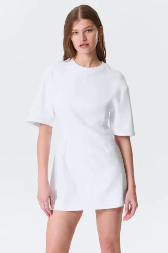 Short-Sleeved Cotton Mini Dress – White