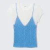 Short-Sleeved Knitted Layered Top – White & Blue