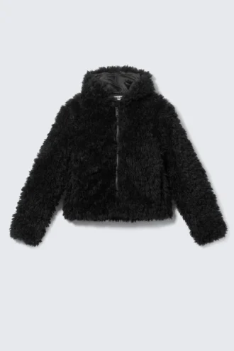 Shrunken Faux Fur Hooded Jacket – Black