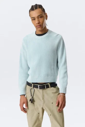 Shrunken Knitted Cotton Sweater – Washed Light Blue