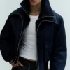 Shrunken Nylon Bomber Jacket – Navy Blue