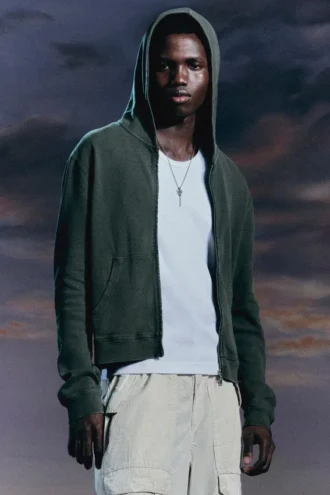 Shrunken Zip Hoodie – Dark Khaki Green