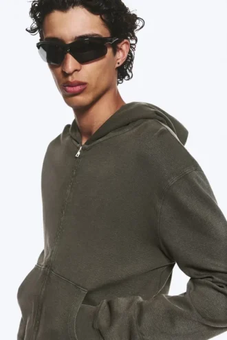 Shrunken Zip Hoodie – Dark Khaki Green