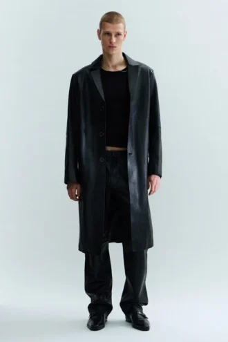 Single-Breasted Leather Coat – Black