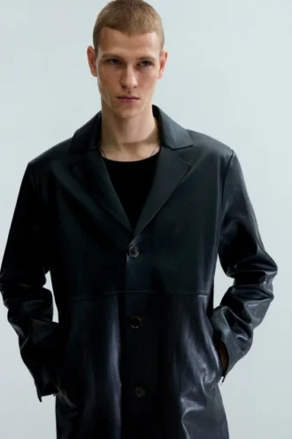 Single-Breasted Leather Coat – Black