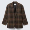 Single-Breasted Oversized Blazer – Checked Dark Brown
