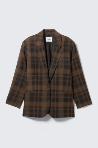 Single-Breasted Oversized Blazer – Checked Dark Brown