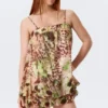 Sleeveless Balloon Mini Dress – Brown & Green Floral Dots
