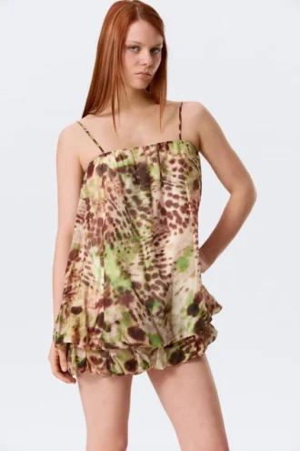 Sleeveless Balloon Mini Dress – Brown & Green Floral Dots