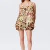 Sleeveless Balloon Mini Dress – Brown & Green Floral Dots