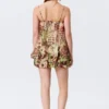 Sleeveless Balloon Mini Dress – Brown & Green Floral Dots