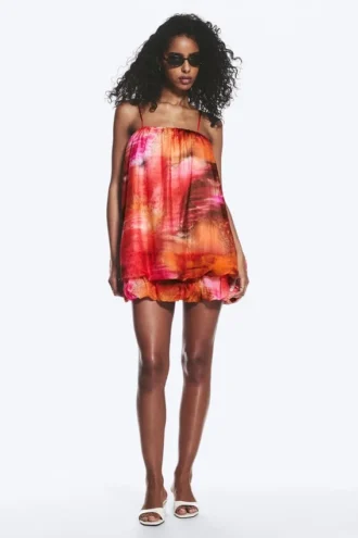 Sleeveless Balloon Mini Dress – Red & Orange – Calypso Flower