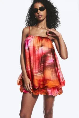 Sleeveless Balloon Mini Dress – Red & Orange – Calypso Flower
