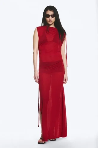 Sleeveless Boat-Neck Maxi Dress – Bright Red