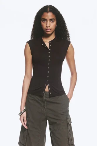 Sleeveless Button-Up Top – Dark Brown