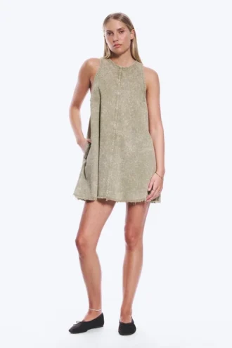 Sleeveless Cotton Twill Mini Dress – Washed Kahki Green