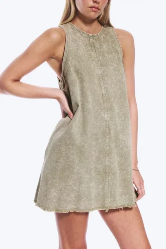 Sleeveless Cotton Twill Mini Dress – Washed Kahki Green