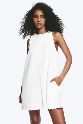 Sleeveless Cotton Twill Mini Dress – White