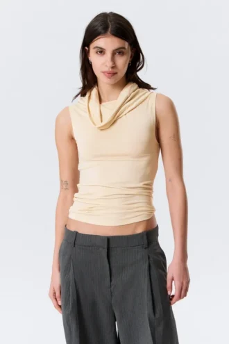 Sleeveless Funnel Neck Top – Light Beige