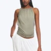 Sleeveless Gathered Halter Top – Dusty Khaki Green